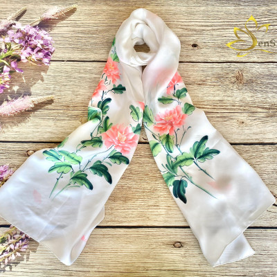 Tơ Lụa Bảo Lộc Vẽ Tay Mẫu Đơn SenSilk - Quà Tặng Khách Vip 180x55cm, Khăn Lụa Tơ Tằm Vẽ Thủ Công Việt Nam
