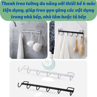 Giá Treo Dụng Cụ Nhà Bếp Dán Tường 6 Móc -Thanh Treo Đa Năng Gắn Tường Không Cần Khoan -Móc Treo Dán Tường Tiện Lợi