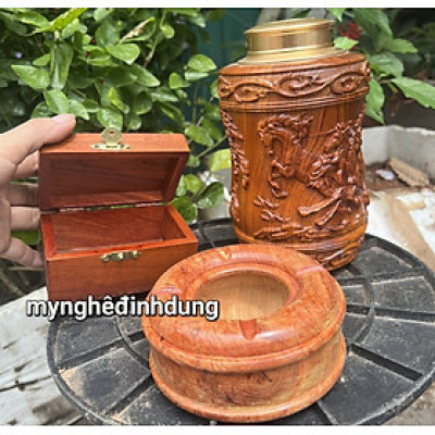 Combo 3 món hộp đựng trà ,gạt tan ,hộp đựng thuốc bằng gỗ hương đá 