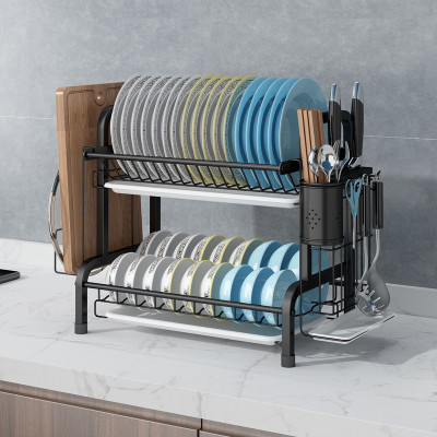 Kệ chén bát đĩa 2 - 3 tầng INOX 304 cao cấp sơn đen tĩnh điện kèm khay ráo nước, giá kệ úp bát khô ráo trên bàn bếp gọn gàng, sạch sẽ, kệ đa năng tiết kiệm không gian - Hàng cao cấp