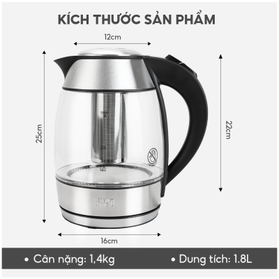 Ấm siêu tốc thuỷ tinh 1,8lit Lebenlang LBE2819 (hàng chính hãng)