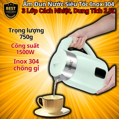 Ấm Đun Nước Siêu Tốc Inox 304 Cao Cấp – 3 Lớp Cách Nhiệt, 1500W, Dung Tích 2.5L Hàng chính hãng D Danido