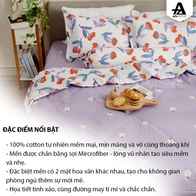 Bộ Ga Giường Mền Chần Bông 5 Món Sweet Flowers Mềm Mại 100% Cotton Tự Nhiên A2Z Home
