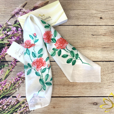 Khăn Quàng Cổ Lụa Vuông Đẹp Vẽ Tay Hoa Hồng SenSilk 75x75cm, Khăn Quấn Cổ Thời Trang Cao Cấp