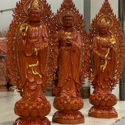 Bộ tượng phật tam thánh tây phương bằng gỗ hương đá kt cao 50×15×15cm +lá chắn hào quang cao tổng 61×21cm 