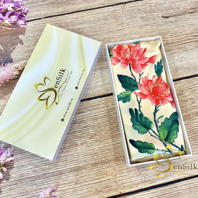 Khăn Lụa Bảo Lộc Vẽ Tay Mẫu Đơn SenSilk - Vietnam Gift Quà Tặng Khách Nước Ngoài 180x55cm, Silk Painting Scarves made in Vietnam