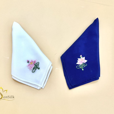 Khăn Tay Thêu Sen Silk 100% Lụa Tơ Tằm Thuần Việt - Silk Handkerchief Hand Embroidery - Pocket Square Silk Handmade - Quà Tặng Đối Tác