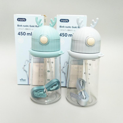 Bình nước có ống mút, có dây đeo Goki Rudy 450ml nắp xừng hươu ngộ nghĩnh - Hàng xuất Nhật