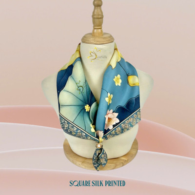 100% Silk Printed Scarf 3D Gold Lotus - Quà Việt Nam Đẳng Cấp - Khăn Lụa Vuông Thời Trang SenSilk 65x65cm