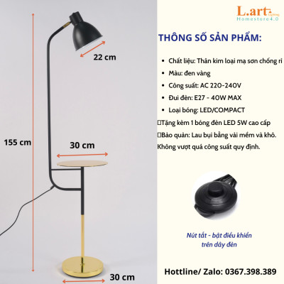 Đèn cây đứng phòng khách kèm bàn màu đen - vàng sang trọng phong cách Châu Âu DCLA008