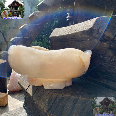 Bát sen thả hoa tắm Phật đá thạch anh hồng NHA SAN BTH01 Đặt trên bàn thờ Phật, bàn thờ Thần Tài - Thổ Địa - 9.5 kg (30x13.5cm)