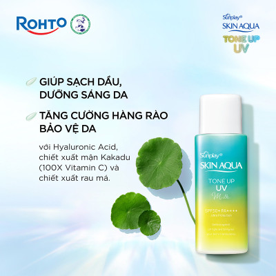 Kem chống nắng nâng tông Skin Aqua Tone up Mint Green cho da trắng có khuyết điểm đỏ, dạng sữa Sunplay Skin Aqua Tone Up UV Milk Mint Green SPF 50+ PA++++ 50g