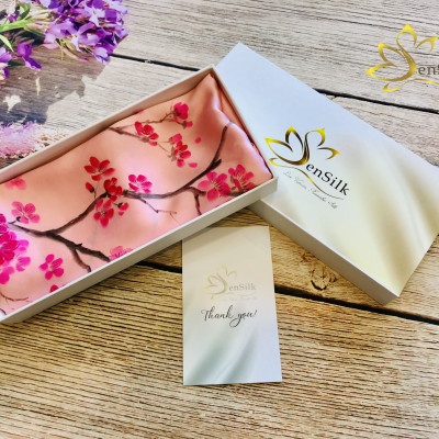 Khăn Lụa Tơ Tằm Vẽ Tay SenSilk Limited Hoa Đào - Quà Tặng May Mắn, 100% Silk made in Vietnam 180x55cm