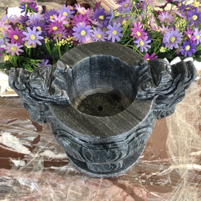 Lư hương, bát hương, bát nhang chạm rồng trang trí bàn thờ, mộ đá cẩm thạch vân đen - Cao 25 cm