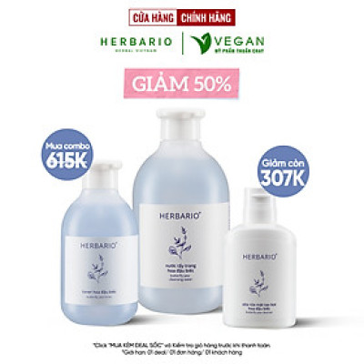 Bộ 3 Hoa Đậu Biếc Herbario chống lão hóa da: Nước tẩy trang 300ml + Toner 200ml + Sữa rửa mặt tạo bọt 100ml