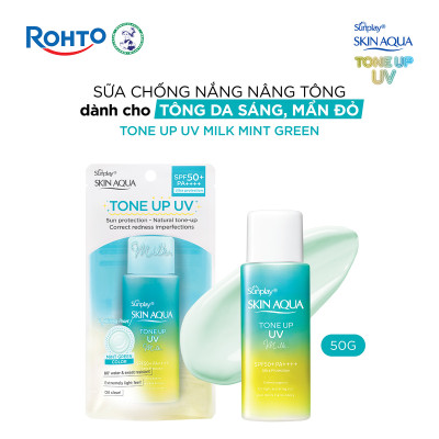 Kem chống nắng nâng tông Skin Aqua Tone up Mint Green cho da trắng có khuyết điểm đỏ, dạng sữa Sunplay Skin Aqua Tone Up UV Milk Mint Green SPF 50+ PA++++ 50g