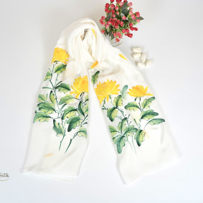 Khăn Lụa Tơ Tằm Vẽ Hoa Cúc Vàng SenSilk - Art of Silk Quà Tặng Mẹ - Hand Painted Silk Scarf - High Quality Pure Silk