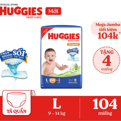 Tã/bỉm quần HUGGIES SKINCARE MEGA JUMBO size L 96+8 miếng