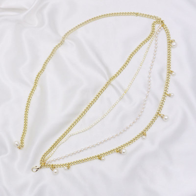 Thắt lưng belt xích thời trang nhiều tầng phối ngọc trai và chuỗi đá độc đáo nổi bật unisex nam và nữ