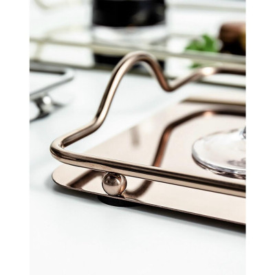 Khay kệ đựng ấm chén cốc tách ly bình nước bằng inox vàng hồng đẹp cao cấp chữ nhật 34x20cm