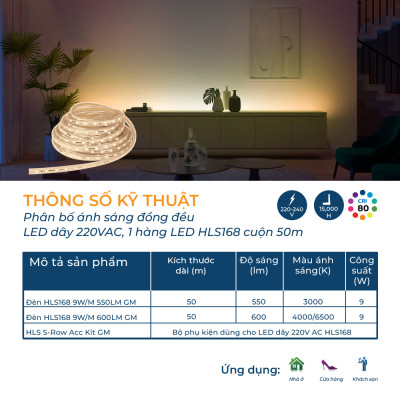 Đèn LED dây Philips HLS168 Cuộn 50m - Công suất 9W, ánh sáng vàng, ánh sáng trắng