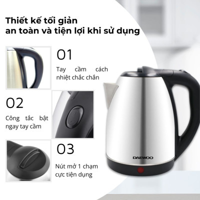 Ấm siêu tốc inox 304 cao cấp đảm bảo an toàn 1.8L Daewoo DWK-S1805 đế xoay 360 độ - Hàng chính hãng BH 2 năm - Hàng chính hãng