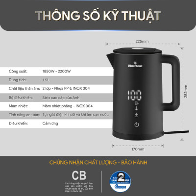 Ấm Đun Nước Siêu Tốc 2 Lớp BlueStone KTB-3466 (1.5 Lít - 1850-2200W ) - Nút cảm ứng - Đèn LED hiển thị nhiệt độ - Bảo hành 2 năm - Hàng chính hãng