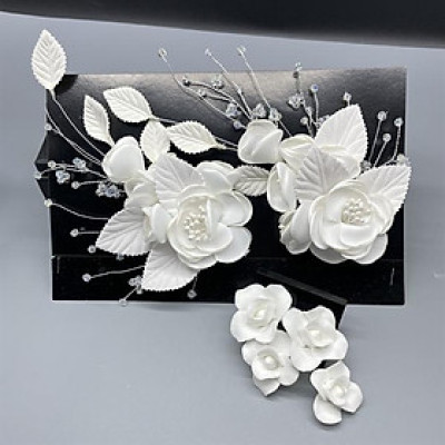 Cài tóc cô dâu hoa trắng kèm bông tai cùng bộ