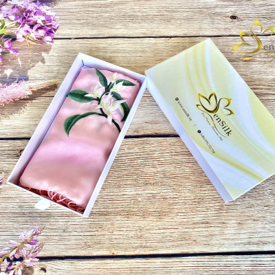 Lụa Tơ Tằm Bảo Lộc Thêu Tay Hoa Ngọc Lan 200x55cm SenSilk, Quà Việt Nam, Hand Embroidery Silk