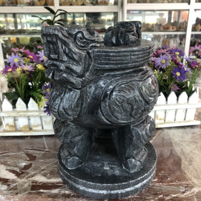 Lư hương, bát hương, bát nhang chạm rồng trang trí bàn thờ, mộ đá cẩm thạch vân đen - Cao 25 cm