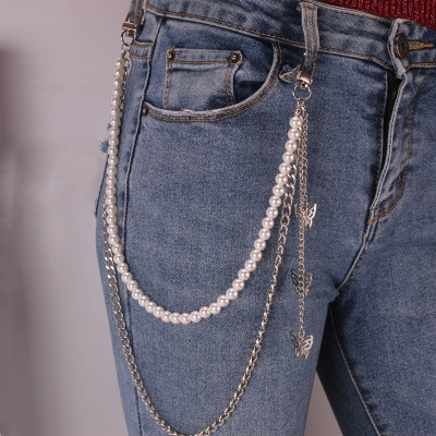 Xích đeo quần 2 lớp phong cách Harajuku cá tính hip hop đường phố chuỗi ngọc trai cánh bướm