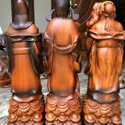 Bộ tượng phật tam đa phúc lộc thọ bằng gỗ hương đá tô làm mầu giả cổ kt 40×13×11cm