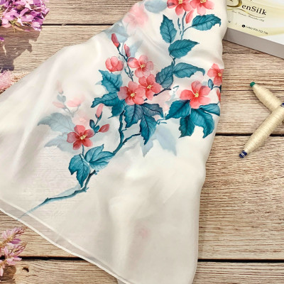 Khăn Lụa Tơ Tằm Vẽ Tay Mugunghwa Hàn Quốc SenSilk – Silk Painting 무궁화 - Quà Tặng Doanh Nghiệp 1650*550mm
