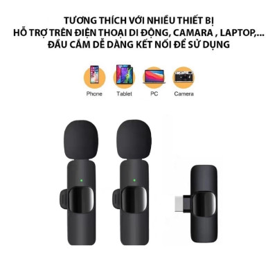 Micro thu âm không dây K9 cài áo lọc tiếng ồn cao cấp dùng để Livestream, quay video, ghi âm cho điện thoại - Hàng chính hãng