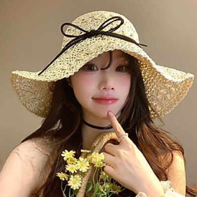 Nón mũ rộng vành gấp gọn đi biển du lịch dã ngoại thoáng mát chất liệu cói phong cách Hàn Quốc  phối dây da đen dona25042501