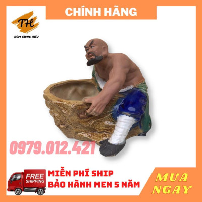 Chậu tượng Lỗ Chí Thâm ôm chậu gốm Bát Tràng trồng cây bonsai tiểu cảnh đẹp