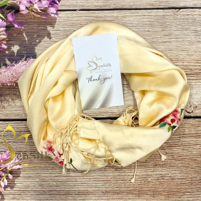 SenSilk Hand Embroidery Silk 200x55cm - Khăn Lụa Thêu Tay Thời Trang Hoa Đào, Lụa Việt Thêu Thủ Công, Tơ Lụa Việt Nam