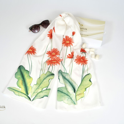 Khăn Quàng Cổ Lụa Vẽ Tay Handmade Hoa Đồng Tiền SenSilk - 100% Mulberry Silk Hand Painted