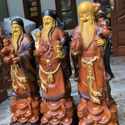 Bộ tượng phật tam đa phúc lộc thọ bằng gỗ hương đá tô làm mầu giả cổ kt 40×13×11cm