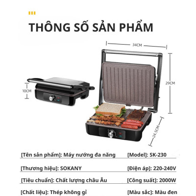 Máy kẹp nướng đa năng công suất cao 2000W SOKANY SK-230 nướng bánh mì, thịt, hotdog nhanh chín - HÀNG CHÍNH HÃNG