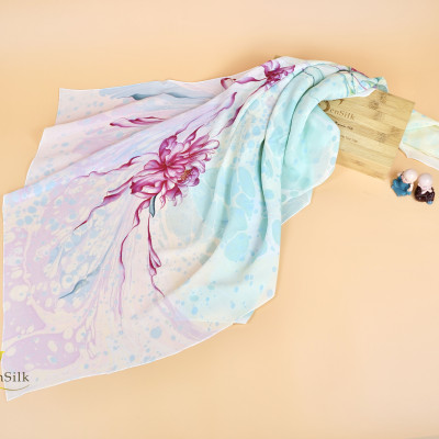 Khăn Lụa Thủy Ấn Vẽ Tay SenSilk Hoa Mẫu Đơn, Khăn Quàng Lụa Tơ Tằm, Khăn Choàng Lụa Cao Cấp