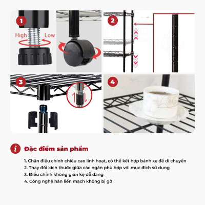 Kệ sắt đa năng 4 tầng dùng trong nhà bếp – màu đen – CJ-B1509B