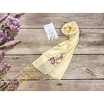 SenSilk Hand Embroidery Silk 200x55cm - Khăn Lụa Thêu Tay Thời Trang Hoa Đào, Lụa Việt Thêu Thủ Công, Tơ Lụa Việt Nam