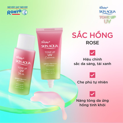 Kem chống nắng nâng tông Skin Aqua Tone up Rose cho da trắng, khuyết điểm xanh hoặc tái xanh, dạng tinh chất Sunplay Skin Aqua Tone Up UV Essence Happiness Aura (Rose) SPF 50+ PA++++ 50g