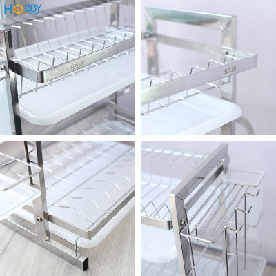 Kệ chén đa năng 2 tầng inox 304 Hobby Home Decor KC2T kèm khay hứng nước, ống đũa, giá treo thớt không rỉ sét
