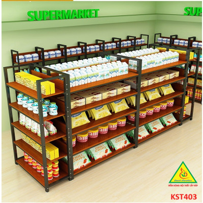 Kệ trưng bày sản phẩm, hàng hóa , kệ trang trí khung sắt mặt gỗ KST403 - Nội thất lắp ráp Viễn Đông Adv