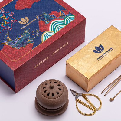 Trầm Hương - Bộ Quà Tặng Tâm - Bao gồm: Trầm Kiến, Bộ xông Trầm hương điện bằng gốm Hồng Sa và Hộp sơn mài truyền thống