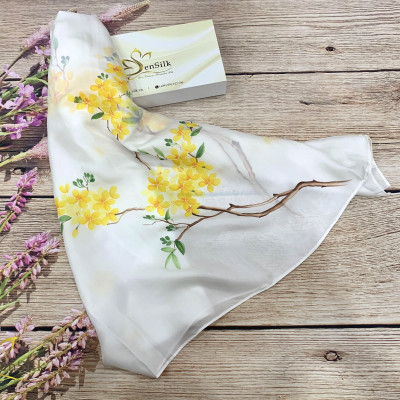 Khăn Lụa Vẽ Hoa Mai Cao Cấp 160x55cm SenSilk, Quà Tặng May Măn Cho Nữ, Tinh Hoa Làng Nghề Truyền Thống Việt Nam, Phụ Kiện Thời Trang Cao Cấp, Hand Painted Silk Scarves For Women...
