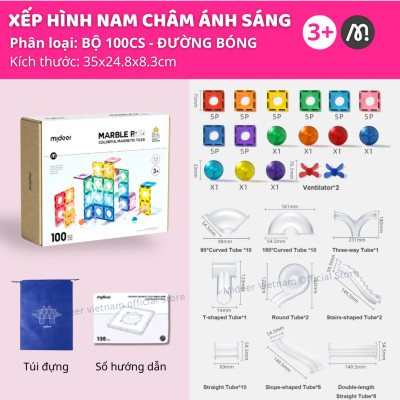 Đồ chơi nam châm xếp hình lắp ráp đường ống Mideer Colorful Magnetic Tiles–Marble Run