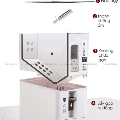 Thùng (Hủ) Đựng Gạo Thông Minh Nhật Bản 12kg, Thiết Kế Dạng Ấn Nút, Chất Liệu Nhựa ABS Cao Cấp, Tiện Lợi, Sang Trọng Căn Bếp,  Tặng Kèm Khay Đựng Gạo Và Thanh Chống Ẩm